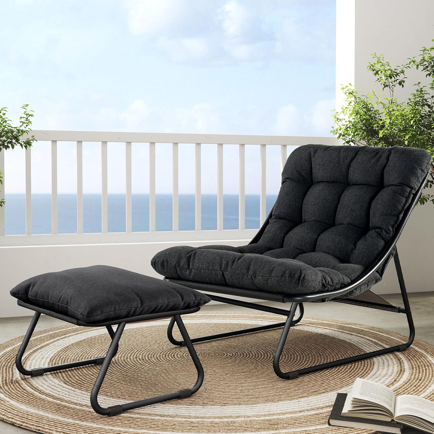 Outdoor Furniture Lounge Chair - Buitenloungestoel met voetensteun & kussen, donkergrijs