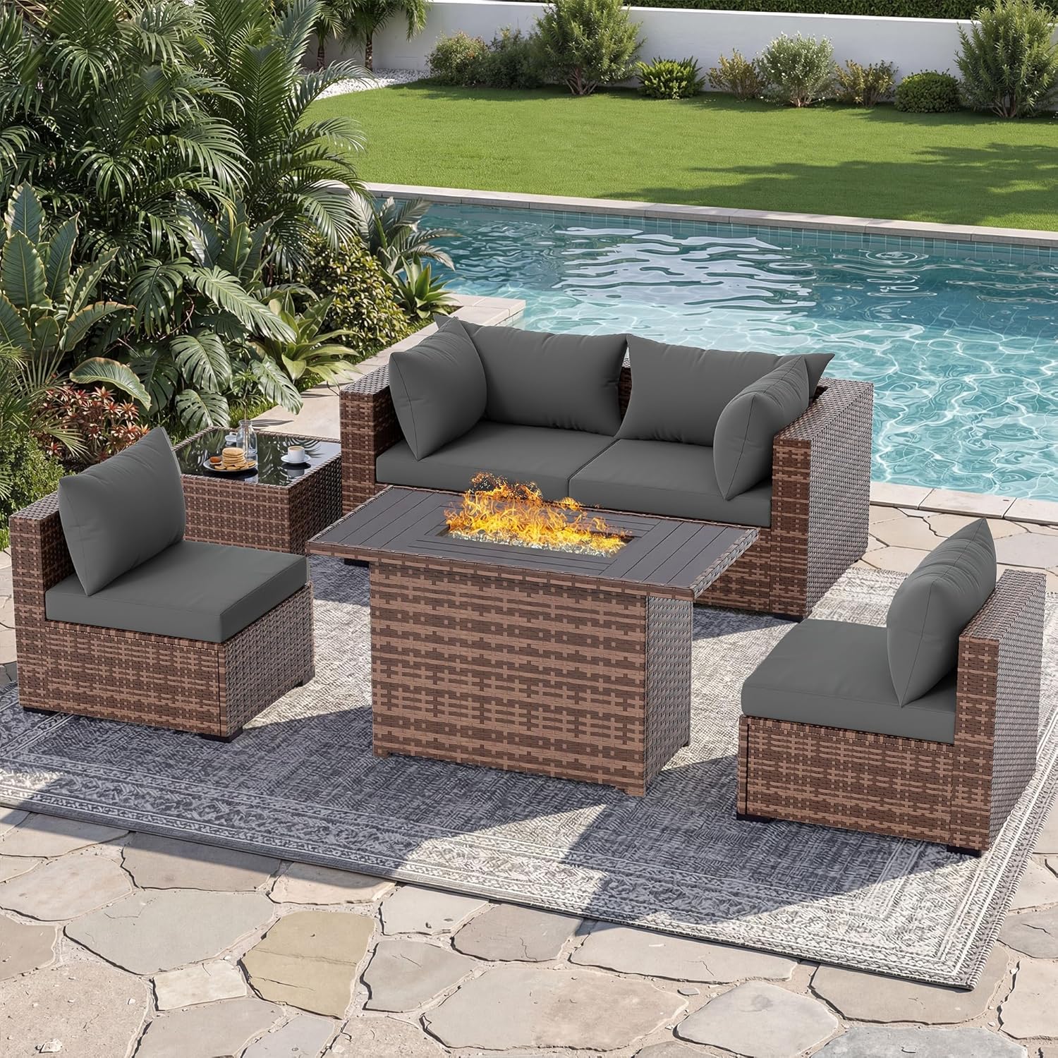 Outdoor Furniture And Fire Pit - 5-delige sectionele loungeset voor buiten met