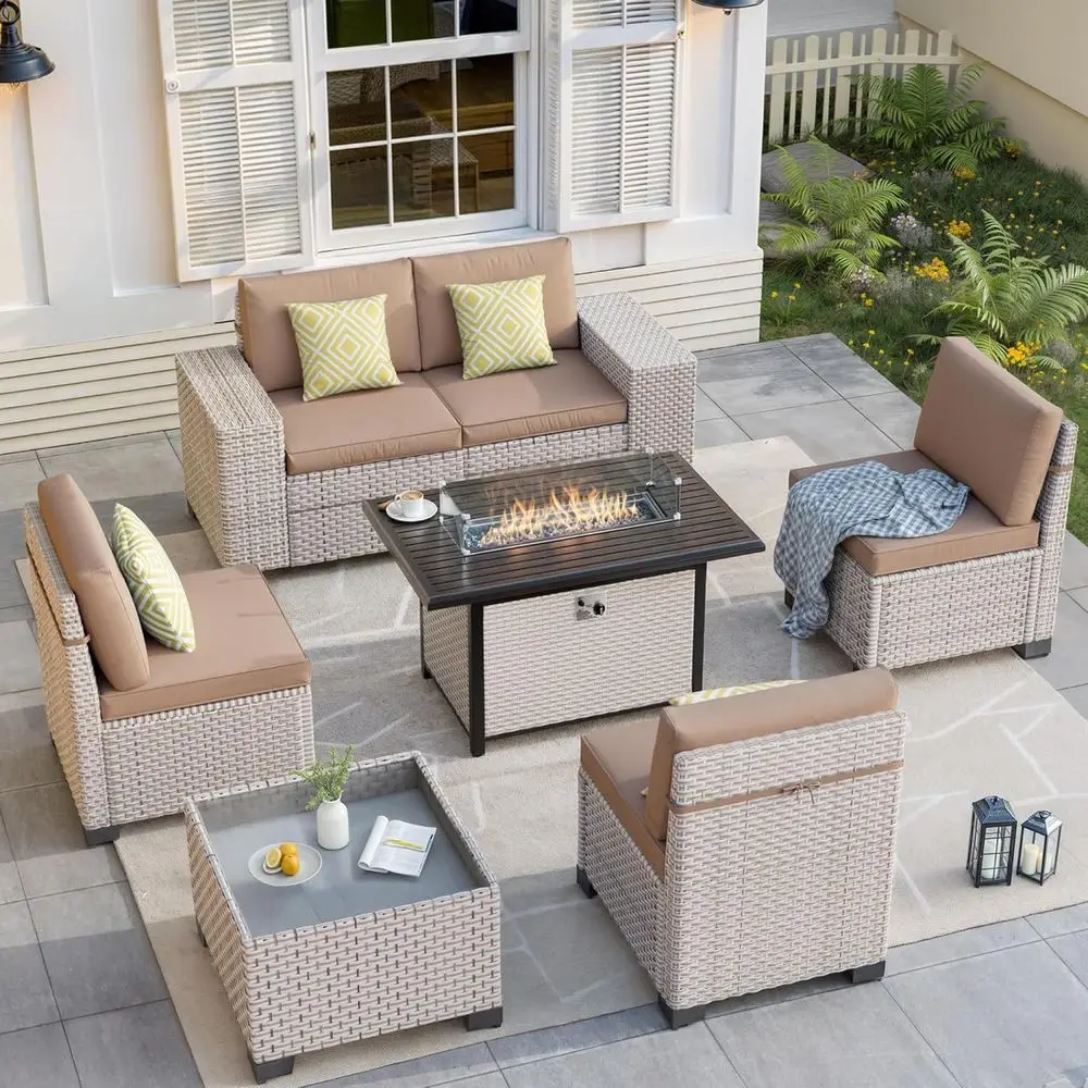 Outdoor Furniture Fire Pit Set - 7-delige tuinmeubelset met vuurput, hoekbank met