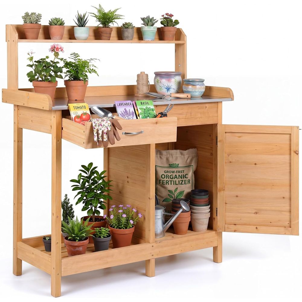 Garden Bench Metal - Buitenwerktafel voor planten, houten tuinwerkstation met